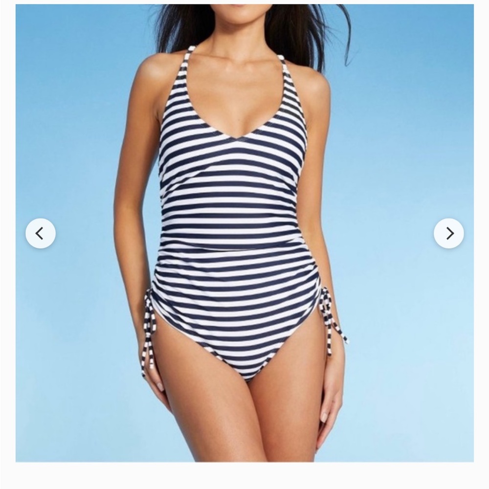 Kona Sol Navy & White Striped One-Piece Swimsuit with Side Ties